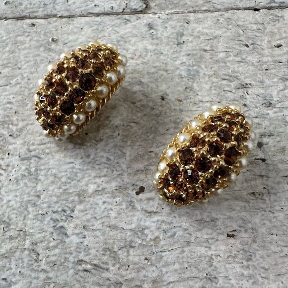 Vintage 50s Old Hollywood Clip On Rhinestone Faux Pearl Earrings - Picture 1 of 5